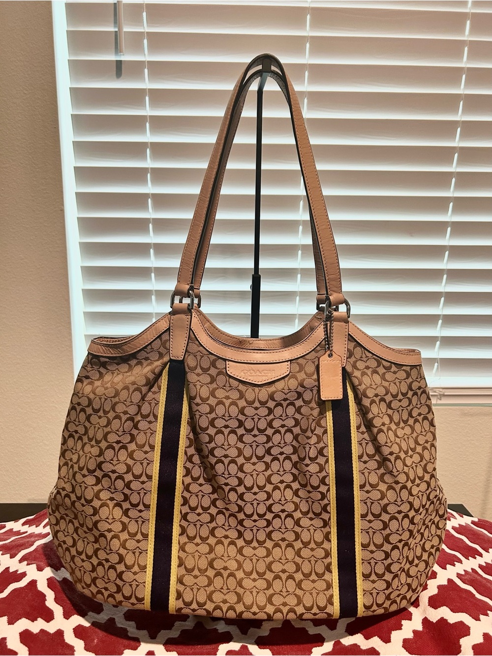 Coach Signature Canvas Tote in Blu with Yellow Stripe